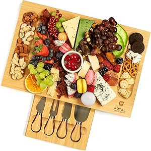 Unique Bamboo Charcuterie Board, Cheese Platter & Serving Tray Including 4 Stainless Steel Knife ... | Amazon (US)