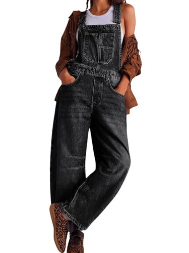 utcoco Womens Denim Overalls Loose Fit Barrel Leg Adjustable Strap Hip Hop Jean Jumpsuits (Small, Black) | Amazon (US)