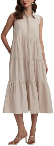 Womens Summer Button Down Maxi Shirt Dress Sleeveless Collared V Neck Tiered Flowy Midi Dress | Amazon (US)