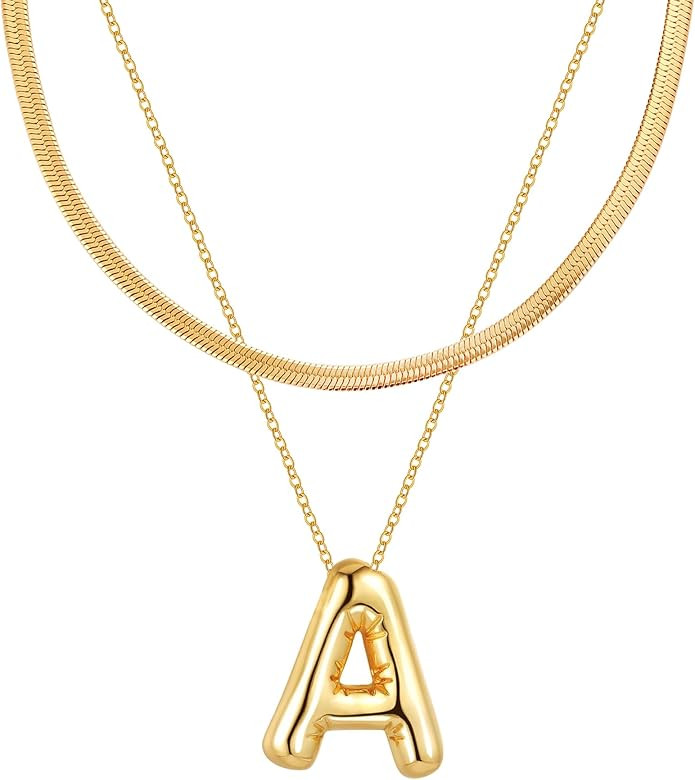 Initial Necklaces for Women, Gold Balloon Bubble Letter Necklace,18K Gold Plated Dainty Personali... | Amazon (US)