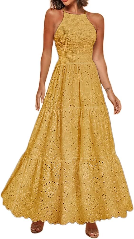 Amazon.com: BerryGo Women's Halter Embroidery Eyelet Prom Maxi Dress Backless Elegant Long Cockta... | Amazon (US)