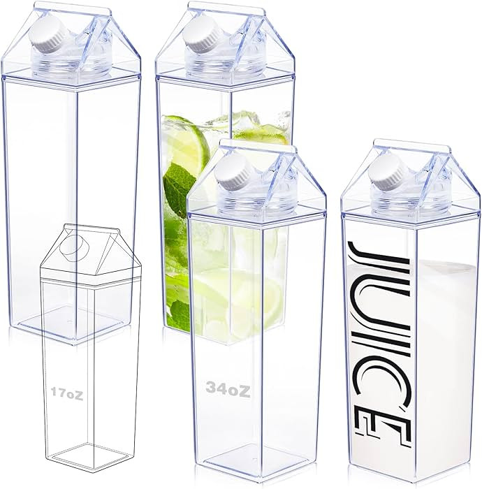 KALYLOC 4Pcs 34 Oz Milk Carton Water Bottle, Clear Plastic Square Milk Bottles, Portable Reusable... | Amazon (US)