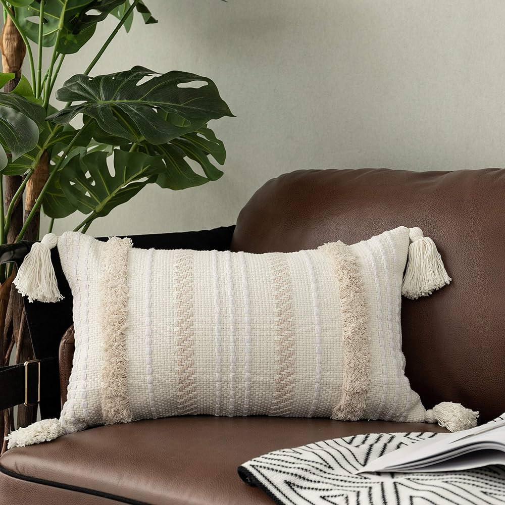 OJIA Lumbar Decorative Boho Throw Pillow Cover, 12 x 20 Farmhouse Cute Pillowcase Minimalist Neut... | Amazon (US)