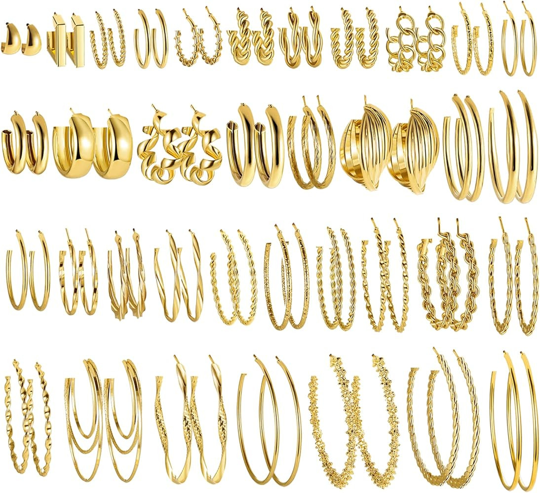 36 Pairs Gold Hoop Earrings for Women Girls, Chunky Gold Hoop Earrings Multipack ,Hypoallergenic ... | Amazon (US)