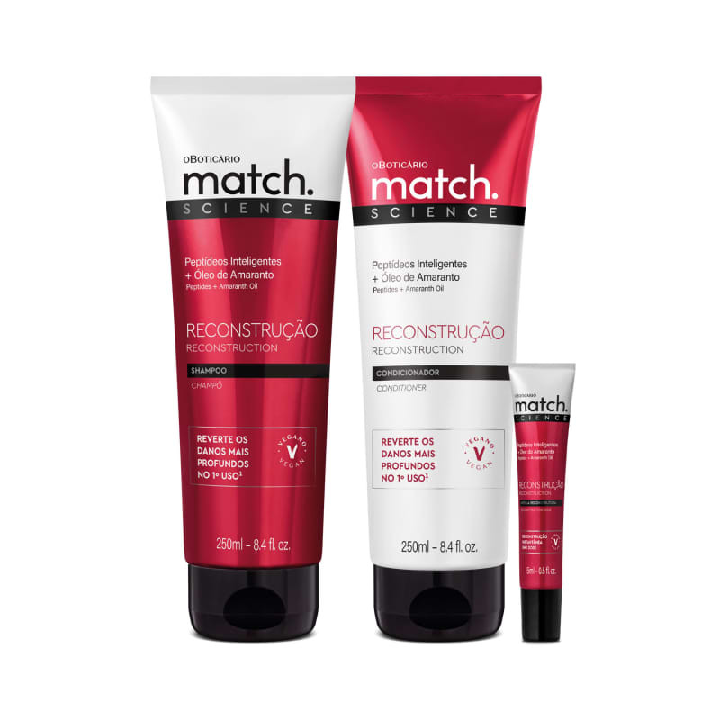 Combo Match Science Reconstrução: Shampoo 250ml + Ampola Capilar 15ml + Condicionador 250ml | oBoticario (BR)
