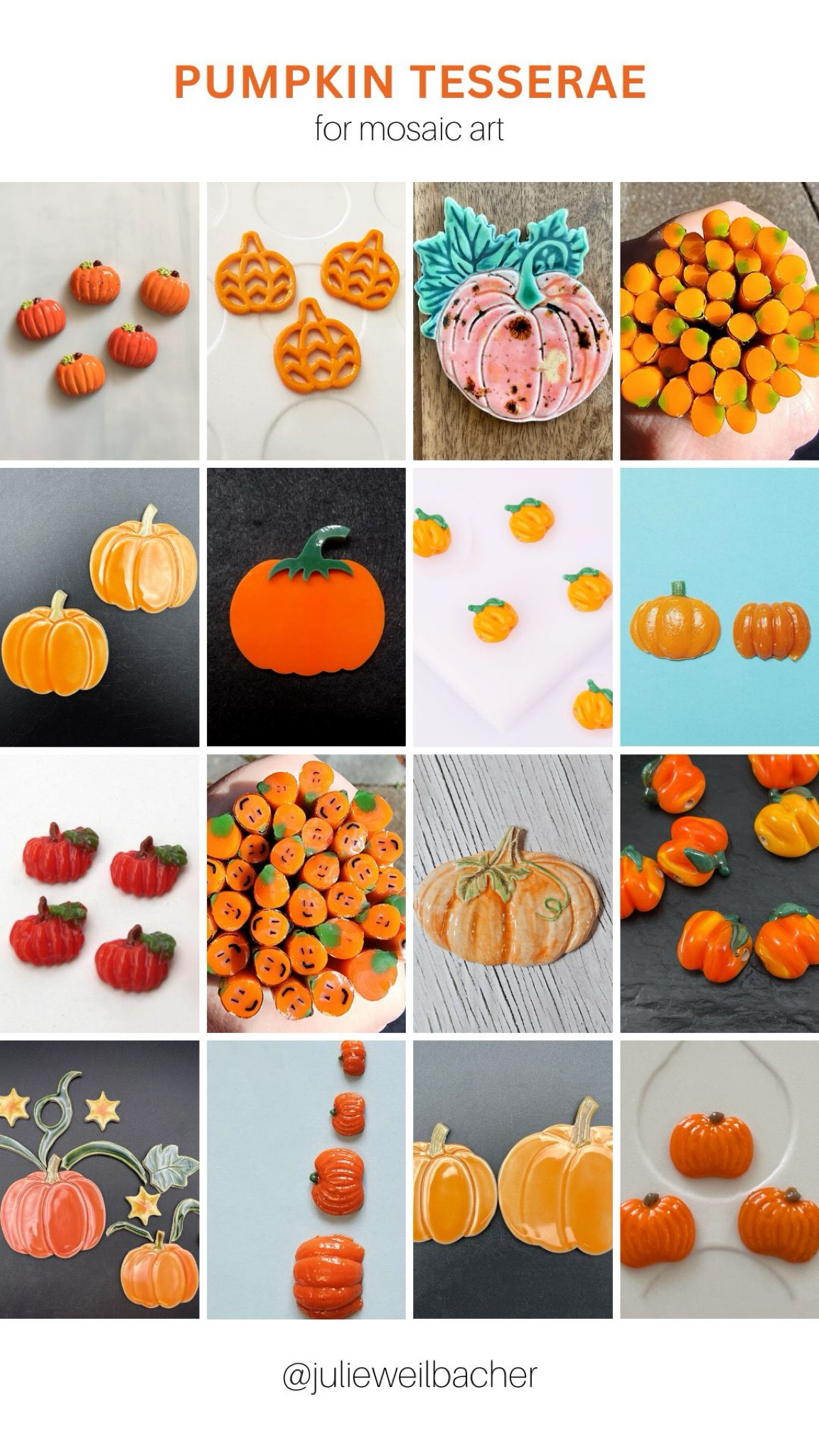 Sharing pumpkin tesserae to use in mosaic art. 🧡 This collection includes handmade ceramics, fused glass, glass rods, and stained glass shapes. 🧡 For mosaic tips, tutorials, inspiration, and so much more please visit my YouTube channel: YouTube.com/julieweilbacher. Follow @julieweilbacher on Instagram for all things mosaic art. pumpkin - mosaic - glass pumpkin - mosaic art - stained glass pumpkin - ceramic pumpkin - fused glass pumpkin - mosaics - handmade ceramic pumpkin - pumpkin decor - diy pumpkin decor

#LTKFindsUnder100 #LTKSeasonal #LTKHome