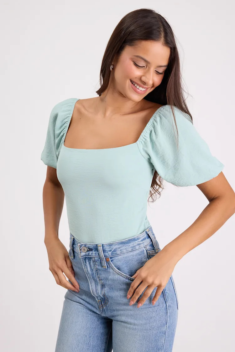 Abundance of Love Mint Textured Puff Sleeve Tie-Back Bodysuit | Lulus