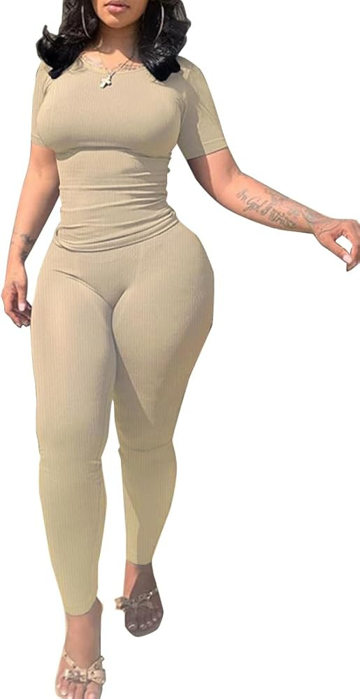 PINSV 2 Piece Sets for Women Summer Casual Jogger Workout Outfits Fitted Crew Neck T-shirt High W... | Amazon (US)