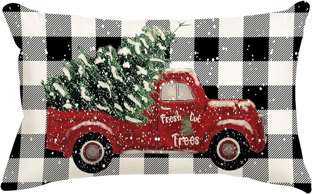 ADFLOOD Christmas Pillow Covers 12X20 Buffalo Plaid Truck Christmas Tree Decorative Throw Pillows... | Amazon (US)