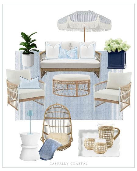 A Serena & Lily-inspired patio, featuring some great “look for less!” 
- 
Coastal home decor, coastal style, beach home style, beach house decor, coastal decor, patio furniture, deck furniture, coastal outdoor furniture, neutral home decor, outdoor dining furniture, outdoor rug, outdoor couch, outdoor chairs, outdoor seating, patio seating, faux plant, 4 piece outdoor conversation set, Walmart outdoor set, Walmart outdoor furniture, Serena & Lily look for less, scalloped lacquer tray, blue indoor outdoor rug, coastal outdoor rug, patio rug, white side table, round side table, outdoor side table, patio seagrass wrapped wine glasses, seagrass wrapped pitcher, outdoor pillows, Amazon outdoor pillows, coastal outdoor pillows, outdoor pillow covers, blue outdoor pillows, tan wicker conversation set, herringbone blanket, square planter, hanging outdoor chair, outdoor swing, Amazon patio umbrella, striped patio umbrella, affordable patio furniture

#LTKstyletip #LTKfindsunder100 #LTKhome