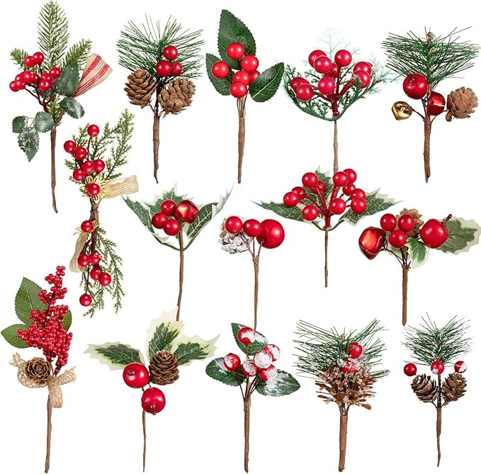 Crafare 15 Pack Small Artificial Christmas Picks 5"-10" Assorted Red Berry Picks Stems Faux Pine ... | Amazon (US)