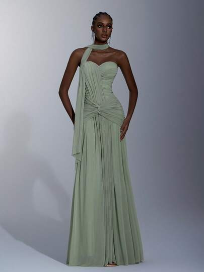 Elitara Elegante Bustier De Malla De Punto De Gris-Verde Con Alto Estiramiento, Frente Fruncido, Cintura Retorcida, Silueta De Cola De Pez (Con Cuello Halter Desmontable), Bajo De Cola De Pez Fluido, Adecuado Para Citas, Vacaciones, Fiestas De Solteros, Bodas Y Todas Las Ocasiones Formales, Vestido De Noche Elaborado | SHEIN
