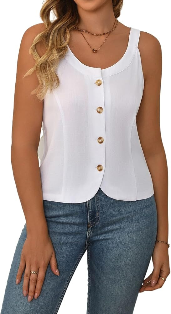 Women Cotton Linen Crew Neck Crop Vest Tank Tops Summer Sleeveless Button Down Spaghetti Strap Ca... | Amazon (US)