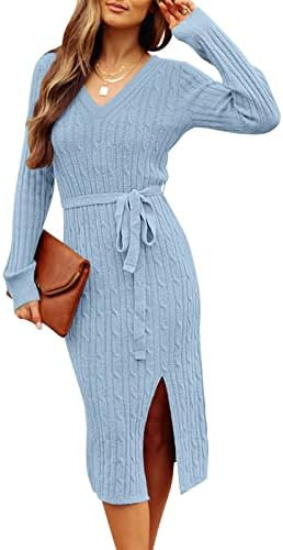 MEROKEETY Women's 2025 Fall Long Sleeve Bodycon Sweater Dress Winter V Neck Cable Knit Slit Midi ... | Amazon (US)