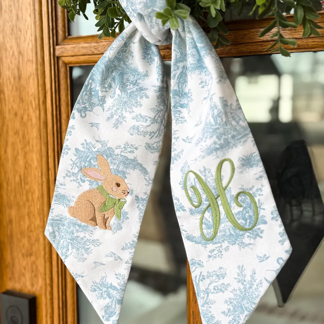 Personalized Easter Bunny Wreath Sash, Spring Toile Front Door Bow, Embroidered Holiday Decor | Etsy (US)