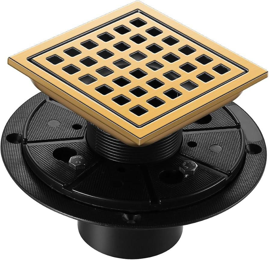 Shower Drain, Brushed Gold 4 inch Shower Floor Square Drain with Flange, Removeable Grid Panel SU... | Amazon (US)
