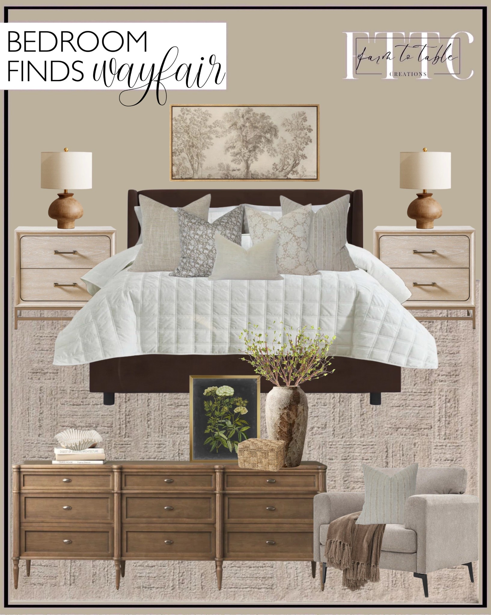 Wayfair Bedroom Finds. Follow @farmtotablecreations on Instagram for more inspiration.

Upholstered wingback bed.  Nora® Medium Cooling Gel Memory Foam Mattress with Cooling Cover. Velvet Quilt Set. Amber Lewis x Loloi Monty Ivory / Taupe Area Rug. Celine 2-Drawer Nightstand. Bodhisattva 2 - Drawer Nightstand in Beige. Noam 23 Inch Table Lamp. Chris Loves Julia x Loloi Reversible Dinah Pillow. No Textured Cotton Blend Pillow Cover. Rustic Countryside "Vintage Forest Trees In French Etching Sketch Warm Extra Large Framed Wall Art. Susie 9 - Drawer 85'' W Dresser. Blannie Upholstered Accent Chair. Decorative books. Dovecove Seagrass Box. Keni Handmade Table Vase. Wood Twig Arrangement (Set of 3). Floral Framed Art. Fluted Bowl. Soft Chenille Throw Blanket. 

Neutral Bedroom| Living Room | Dining Room | Dining Room Artwork | Bathroom Finds | Bedroom Finds | Bedroom Furniture | nightstands | Home Decor| Fireplace Decor | Spring Refresh |  Bedroom Finds | Neutral Stems | Spring Stems | Bookshelf Decor | Bedroom Space | Cozy Corner | Bathroom | Curated Entryway | Spring  Decor | End of Year Clearance | Trending Decor | Viral Decor | Amazon Holiday | Bedroom corner | Coffee Table Decor | Neutral Decor | Fall Stem Sale | Target Finds | Skinny Bench | Bedroom | Living Room | Breakfast Nook | Amazon Home | Target Sale | Loloi Rugs | Magnolia Home | console table | console table styling | faux stems | entryway space | front porch decor | neutral decor | entryway decor | cozy home | affordable decor |  home decor | home inspiration | console styling | entryway rug | cozy moody home | moody home decor | neutral home | bathroom decor | living room | spring decor | Hearth & Hand | Studio McGee | 2025 Home Trends | trending home | Crate&Barrel 


#LTKHome #LTKFindsUnder50 #LTKSaleAlert