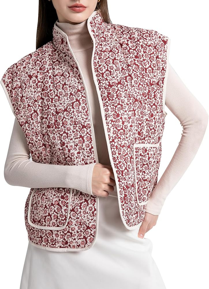 Women's Cropped Puffer Quilted Vest Cardigan Floral Printed Jacket Lightweight Open Front Short P... | Amazon (US)