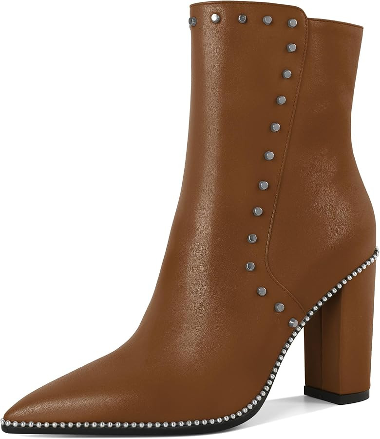 YODEKS Women's Ankle Booties 3.7 Inch Heel Chunky Boots Rivet Beaded Studded Pointed Toe Side Zip... | Amazon (US)