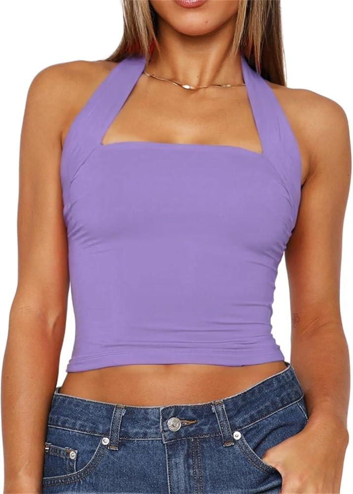 TiulZial Women Sexy Halter Neck Backless Tank Top Open Back Sleeveless Slim Fit Y2k Summer Tops | Amazon (US)