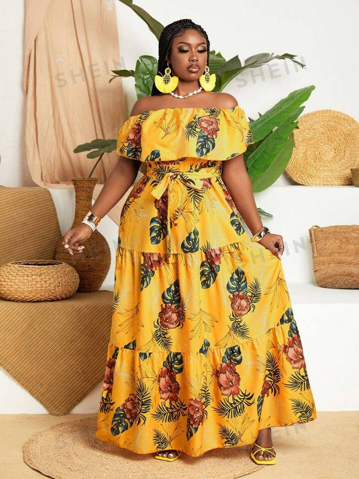 SHEIN Slayr Tropical Plant Print Plus Size Women's Off-Shoulder A-Line Holiday Dress | SHEIN