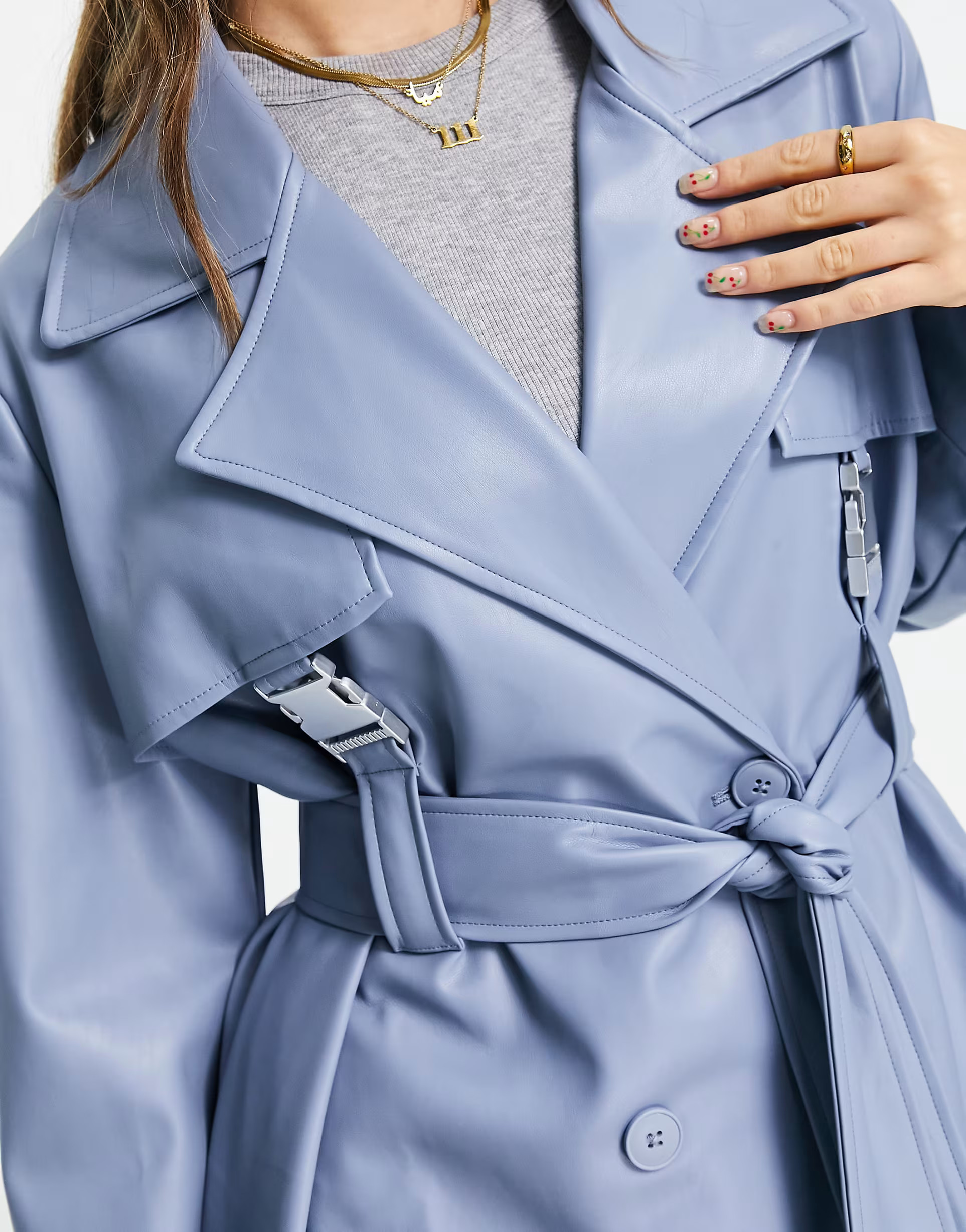 NA-KD x Angelica Blick faux leather trench coat in blue | ASOS (Global)
