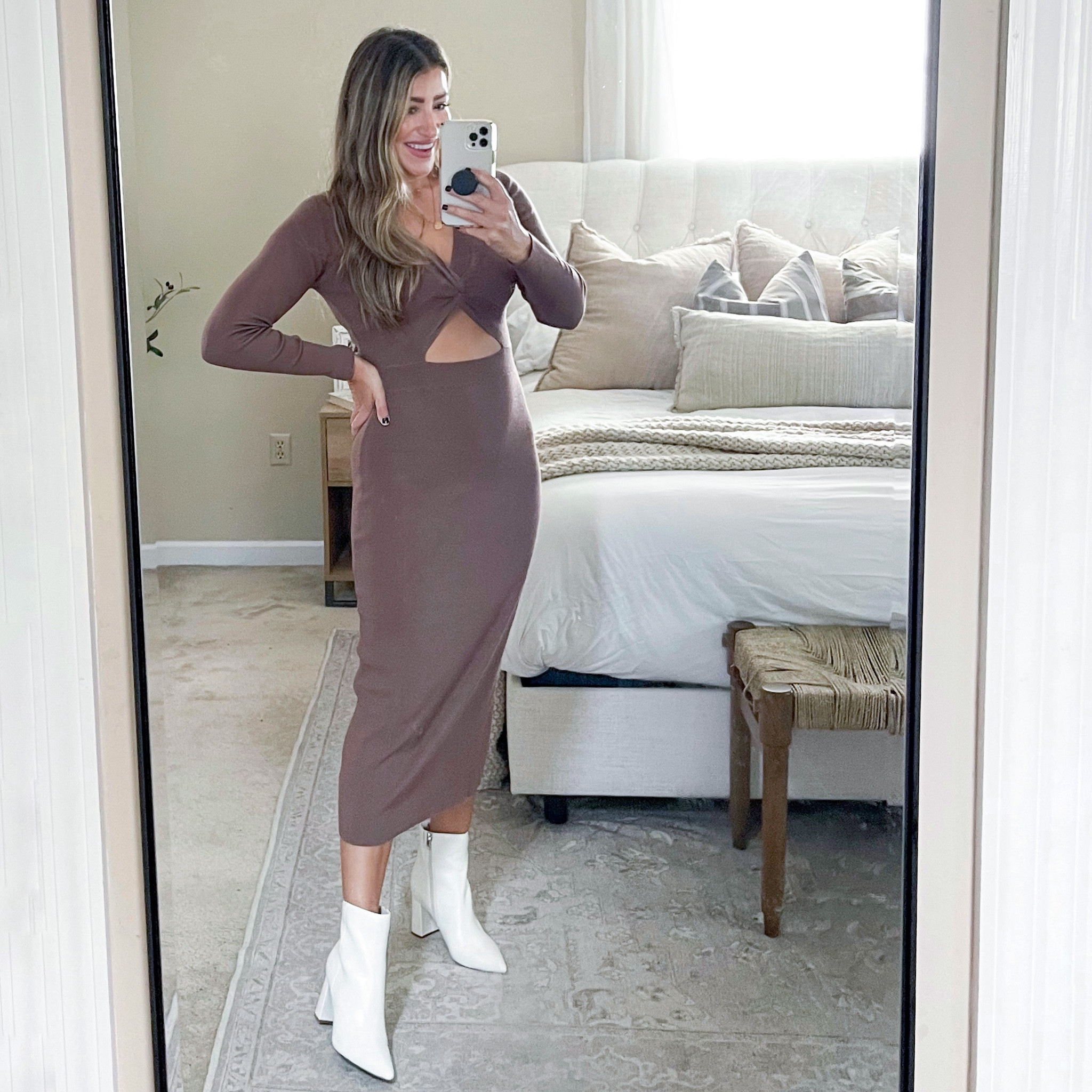 Long fitted midi bodycon sweater dress for Fall with cutout. Wearing size small. White booties size 8. 

#LTKSeasonal #LTKstyletip #LTKshoecrush