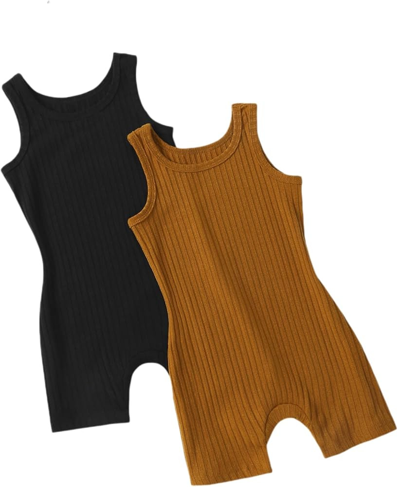 MakeMeChic Girl's 2pack Summer Rompers Sleeveless Scoop Neck Ribbed Romper | Amazon (US)