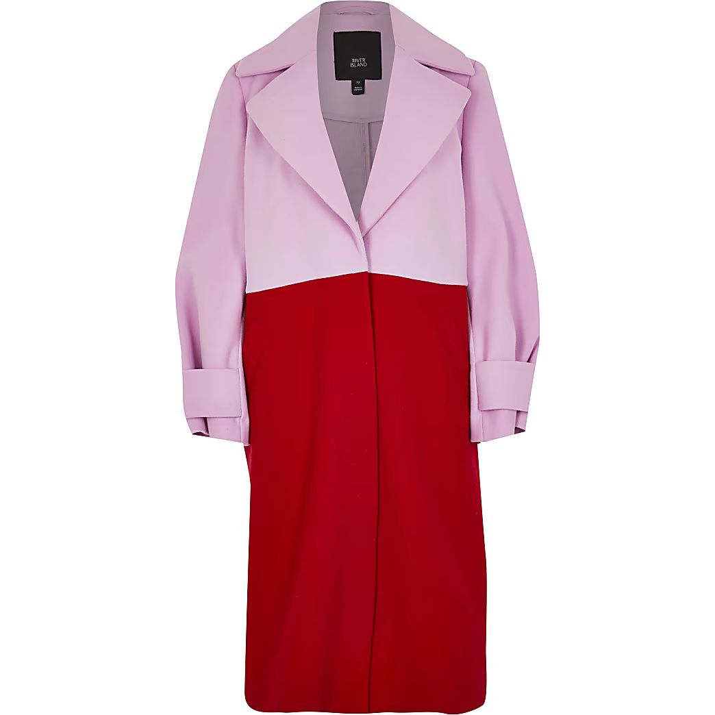Red colour block longline coat | River Island (US)