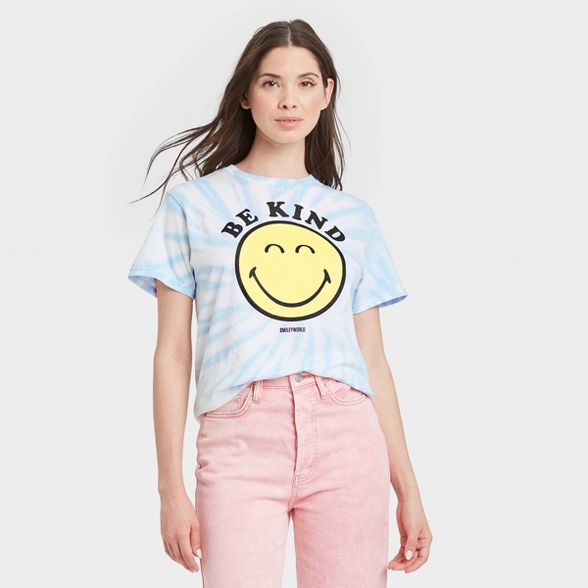 Women's Smiley Face Short Sleeve Graphic Boyfriend T-Shirt - Light Blue Tie-Dye | Target
