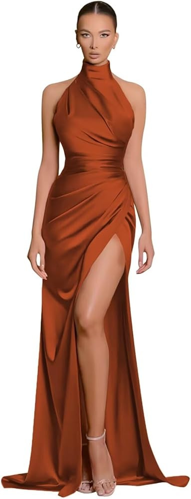 Mermaid Halter Bridesmaid Dresses Long Satin Prom Dress for Women with Slit Evening Formal Gown | Amazon (US)