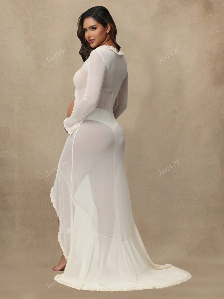 Maternity Transparent Ruffle Mesh Dress Belly Hollowed Out Sexy Gown Long Sleeved For Photoshoot ... | SHEIN