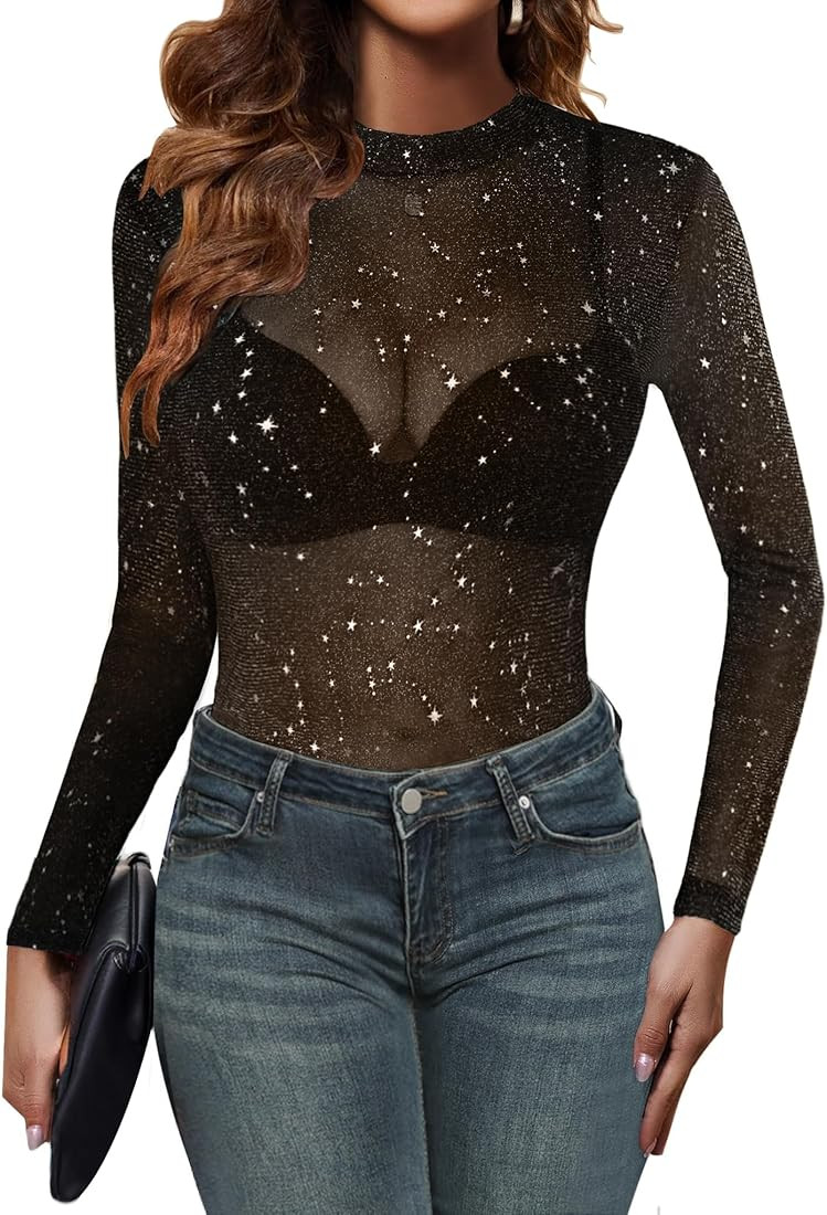 Zeagoo Mesh Top Women Long Sleeve Shirts See Through Party Layering Mock Neck 2024 Fall Sheer Und... | Amazon (US)