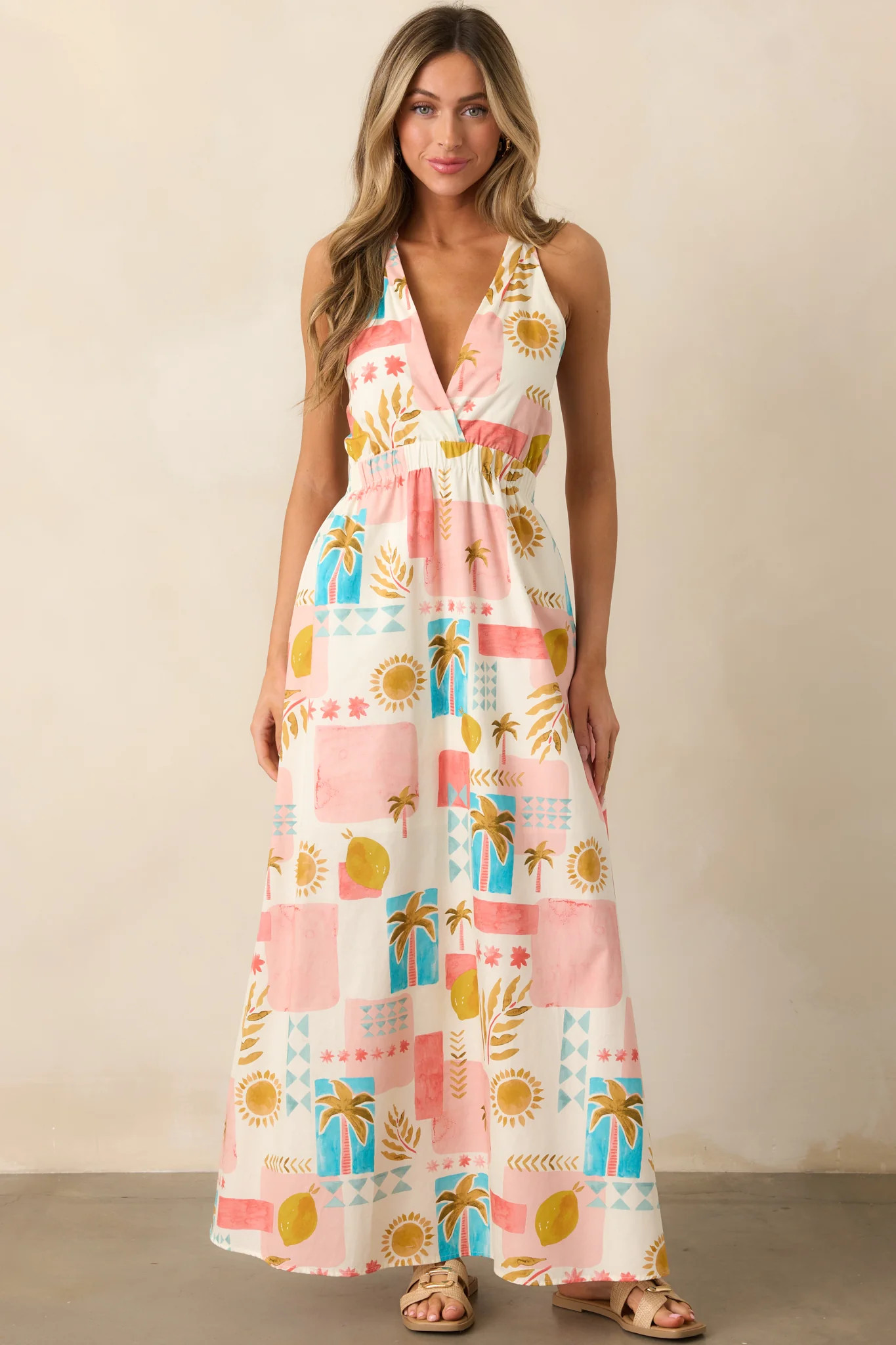Vibrant Tides Pink Multi Tropical Print Maxi Dress | Red Dress
