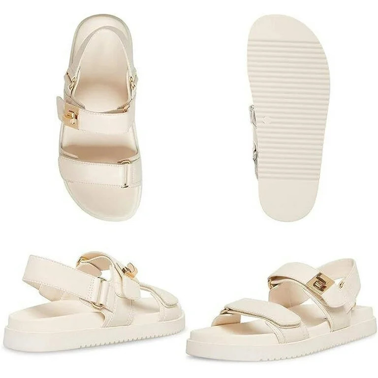 Women's Flat Sandals Dad Sandals for Women Leather Ankle Strap Walking Sandals Beige | Walmart (US)