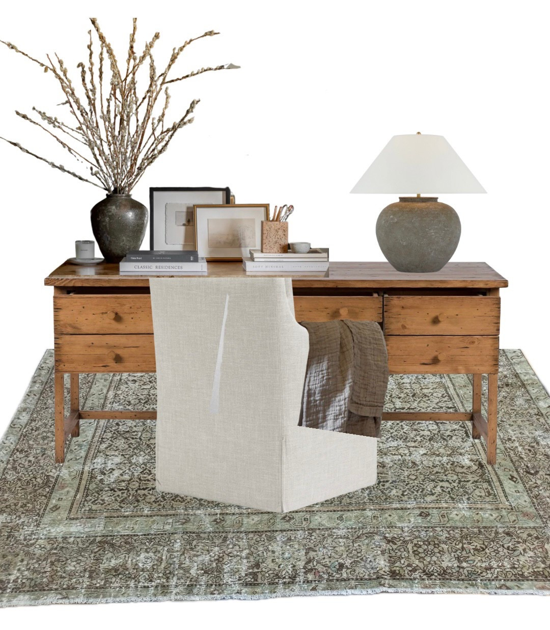 Home office mood board! Rug available on www.clothandwoolshop.com: VINTAGE MALAYER 8'9" x 12'

#LTKHome #LTKStyleTip