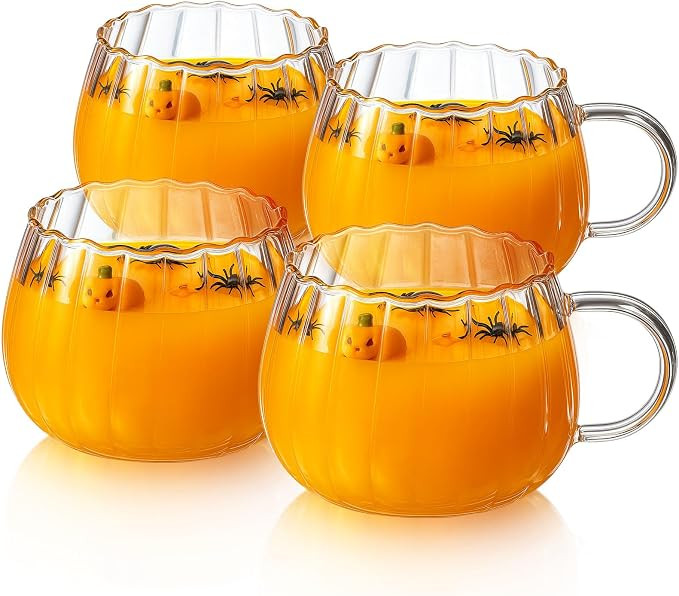 Sliner 4 Pcs Clear Halloween Pumpkin Glass Cups with Handle 12 oz Fall Pumpkin Coffee Mugs Glass ... | Amazon (US)
