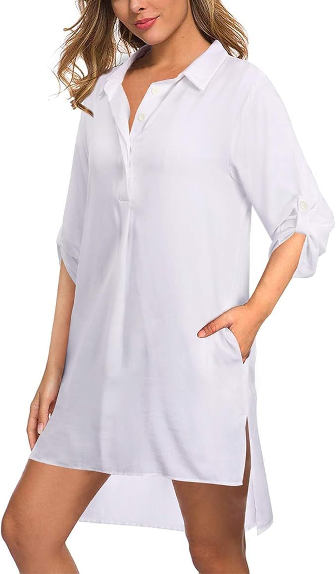 OUGES Women’s Swimsuit Beach Cover Up Button Down Shirt Dress with Pockets | Amazon (US)