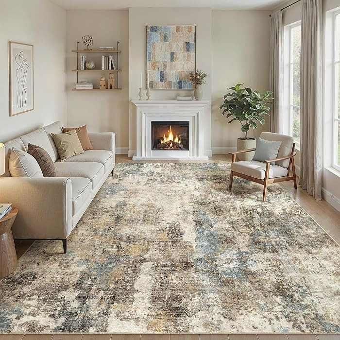 Area Rugs 10x12 Living Room Rug - Washable Neutral Soft Low Pile Non-Slip Modern Abstract Thin La... | Amazon (US)