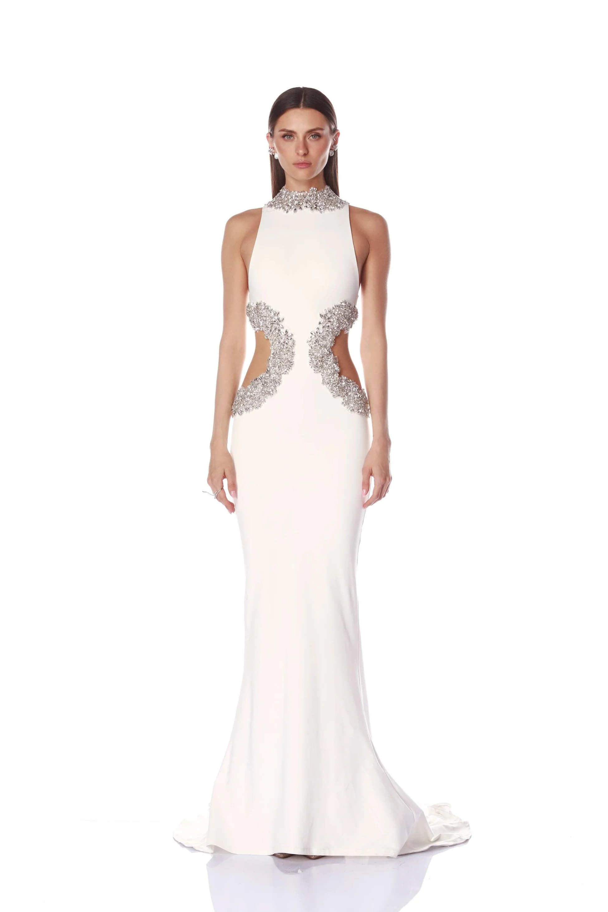 Camila White Rhinestone Cutout Gown | Bronx and Banco