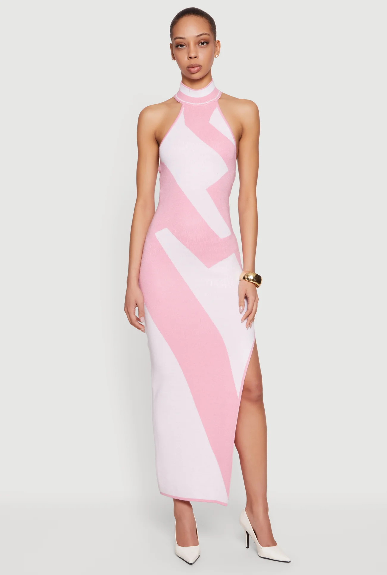 Abstract Print Side Slit Halter Maxi Dress | Rainbow Shops