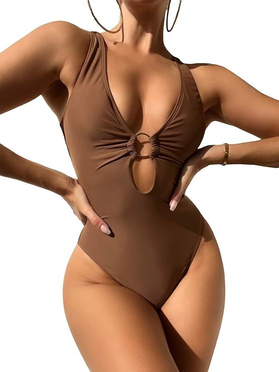 MakeMeChic Women's Twist Back Cut Out Ring Plunge Neck One Piece Swimsuit Bathing Suit | Amazon (US)