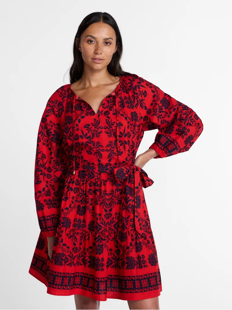 Time and Tru Women's and Women's Plus Tie Neck Cotton Mini Peasant Dress, Sizes XS-4X | Walmart (US)