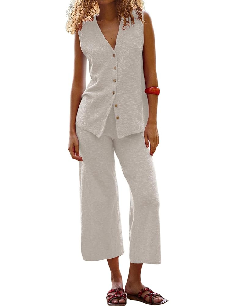 SeekMe Women's 2025 Sweater Set Sleeveless Button Down Vest Wide Leg Pants 2 Piece Outfits Summer... | Amazon (US)