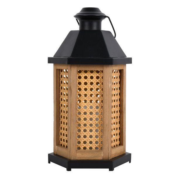 Better Homes & Gardens 12 Inch Natural Battery-operated Mixed Material Cane Lantern with Warm Whi... | Walmart (US)