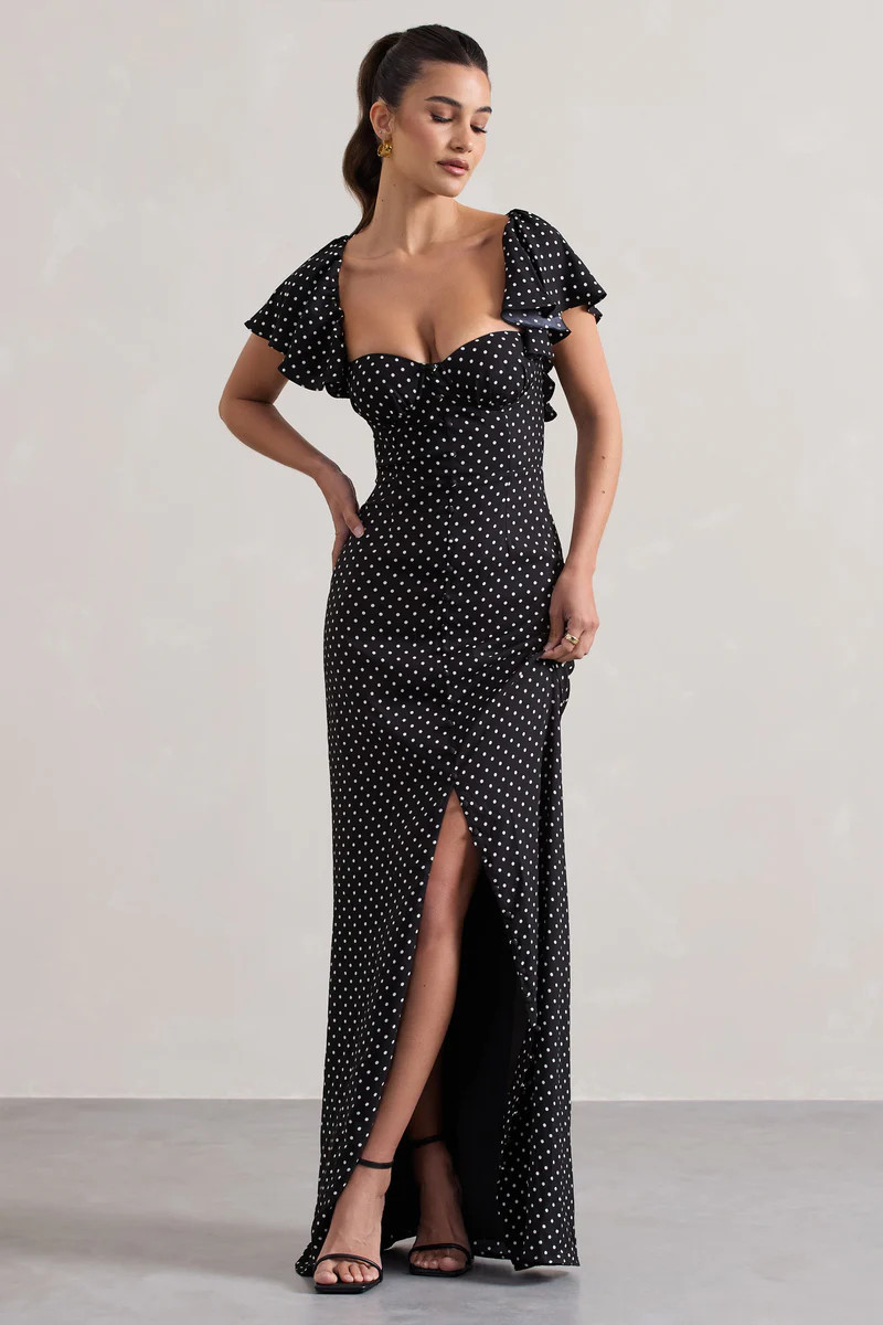 Signorina  Black Polka Dot Buttoned Maxi Dress With Flounced Short Sleeves | Club L London