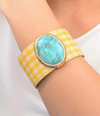 Southern Living x Barse Golden And Genuine Turquoise Cabana Checked Fabric Statement Cuff Bracele... | Dillard's