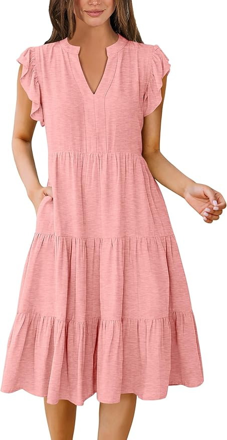 ANRABESS Womens Summer Dress Ruffle Sleeve V Neck Midi Dresses Fashion Casual Fit Flowy Tiered Bo... | Amazon (US)