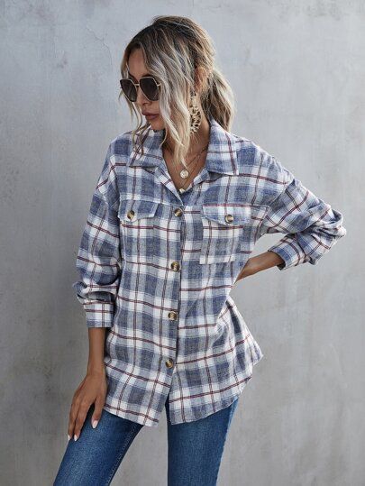 Plaid Button-Front Long Sleeve Flannel Shirt | SHEIN