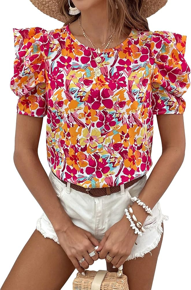 SweatyRocks Women's Floral Print Tee Top Puff Sleeve Crew Neck Keyhole Boho Blouse Top | Amazon (US)